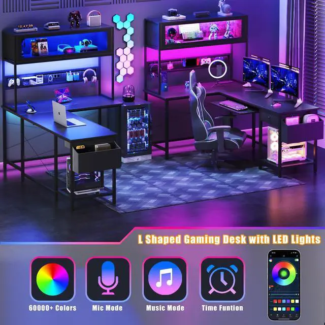 Alt view image 4 of 6 - L Shaped Gaming Desk with Power Outlets & LED Lights, 49'' Reversible Computer Desk with Hutch & Pegboard & Display Cabinet, Corner Home Office Desk with Drawer & Keyboard Tray & Storage Bag, Black