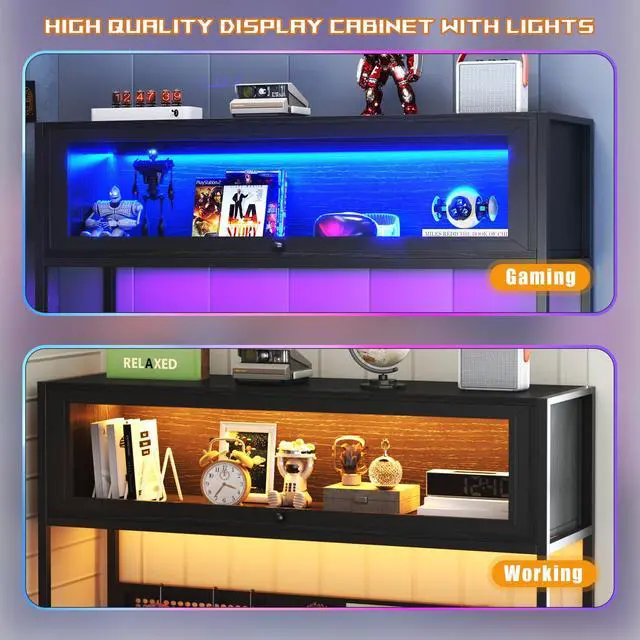 Alt view image 5 of 6 - L Shaped Gaming Desk with Power Outlets & LED Lights, 49'' Reversible Computer Desk with Hutch & Pegboard & Display Cabinet, Corner Home Office Desk with Drawer & Keyboard Tray & Storage Bag, Black