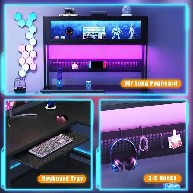 Alt view image 6 of 6 - L Shaped Gaming Desk with Power Outlets & LED Lights, 49'' Reversible Computer Desk with Hutch & Pegboard & Display Cabinet, Corner Home Office Desk with Drawer & Keyboard Tray & Storage Bag, Black