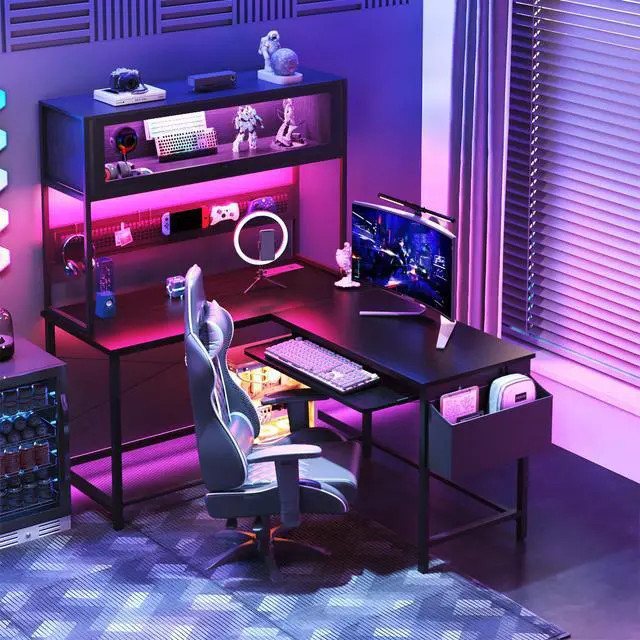 Alt view image 2 of 6 - L Shaped Gaming Desk with Power Outlets & LED Lights, 39'' Small Reversible Computer Desk with Hutch & Pegboard & Display Cabinet, Corner Home Office Desk with Keyboard Tray & Storage Bag, Black