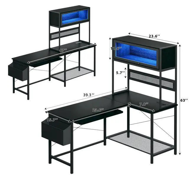Alt view image 3 of 6 - L Shaped Gaming Desk with Power Outlets & LED Lights, 39'' Small Reversible Computer Desk with Hutch & Pegboard & Display Cabinet, Corner Home Office Desk with Keyboard Tray & Storage Bag, Black