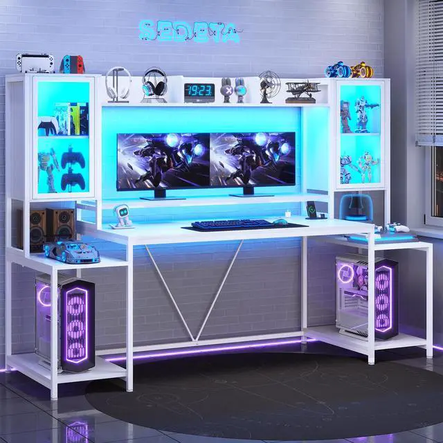 Alt view image 3 of 6 - Gaming Desk 74.8'' with LED Lights, Hutch and Storage Shelves, Computer Desk with Monitor Stand, Large PC Gamer Desk Workstation, Ergonomic Gaming Table for Bedroom, Living Room, White
