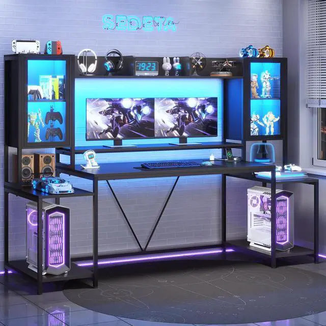 Main image of Gaming Desk 74.8'' with LED Lights, Hutch and Storage Shelves, Computer Desk with Monitor Stand, Large PC Gamer Desk Workstation, Ergonomic Gaming Table for Bedroom, Living Room, Black
