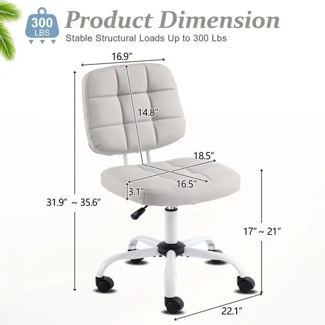 Alt view image 2 of 6 - Compact Small Desk Chair, Cute Armless Chair with Wheels, Vanity Chair with Low Back, Height Adjustable Task Chair for Small Spaces, Office, Bedroom, Make Up Room, PU Leather, Light Grey