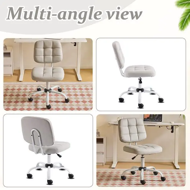Alt view image 3 of 6 - Compact Small Desk Chair, Cute Armless Chair with Wheels, Vanity Chair with Low Back, Height Adjustable Task Chair for Small Spaces, Office, Bedroom, Make Up Room, PU Leather, Light Grey