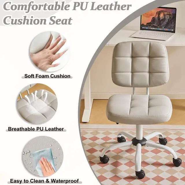 Alt view image 4 of 6 - Compact Small Desk Chair, Cute Armless Chair with Wheels, Vanity Chair with Low Back, Height Adjustable Task Chair for Small Spaces, Office, Bedroom, Make Up Room, PU Leather, Light Grey