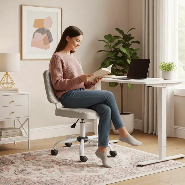 Alt view image 5 of 6 - Compact Small Desk Chair, Cute Armless Chair with Wheels, Vanity Chair with Low Back, Height Adjustable Task Chair for Small Spaces, Office, Bedroom, Make Up Room, PU Leather, Light Grey