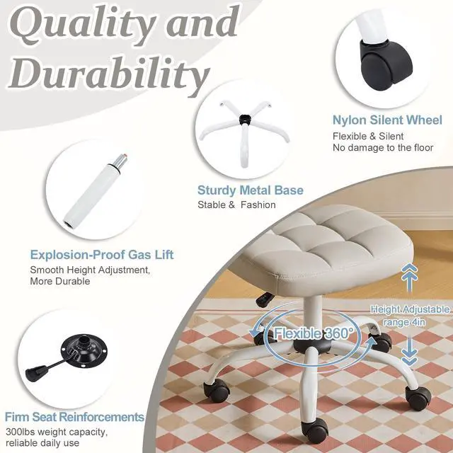 Alt view image 6 of 6 - Compact Small Desk Chair, Cute Armless Chair with Wheels, Vanity Chair with Low Back, Height Adjustable Task Chair for Small Spaces, Office, Bedroom, Make Up Room, PU Leather, Light Grey