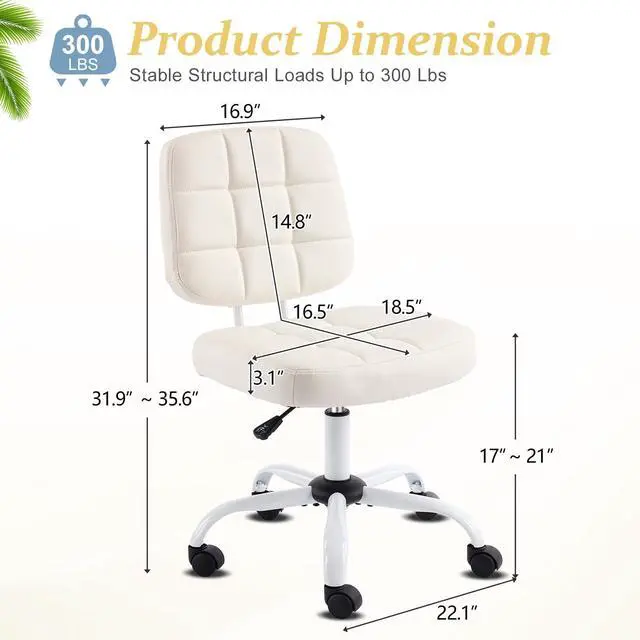 Alt view image 2 of 6 - Compact Small Desk Chair, Cute Armless Chair with Wheels, Vanity Chair with Low Back, Height Adjustable Task Chair for Small Spaces, Office, Bedroom, Make Up Room, PU Leather, White