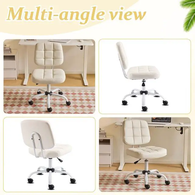 Alt view image 3 of 6 - Compact Small Desk Chair, Cute Armless Chair with Wheels, Vanity Chair with Low Back, Height Adjustable Task Chair for Small Spaces, Office, Bedroom, Make Up Room, PU Leather, White