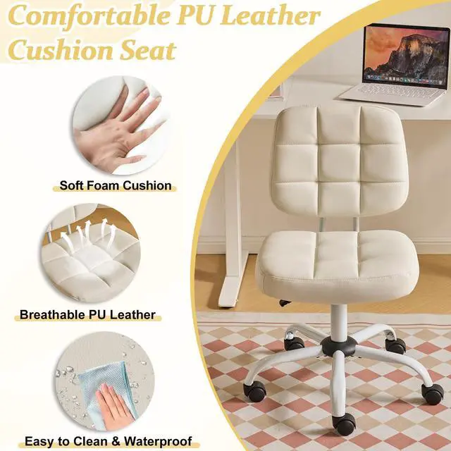 Alt view image 4 of 6 - Compact Small Desk Chair, Cute Armless Chair with Wheels, Vanity Chair with Low Back, Height Adjustable Task Chair for Small Spaces, Office, Bedroom, Make Up Room, PU Leather, White