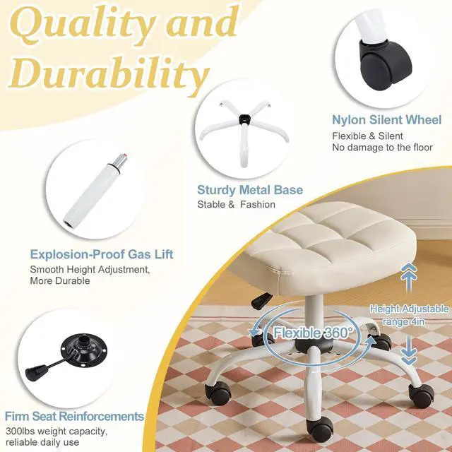 Alt view image 6 of 6 - Compact Small Desk Chair, Cute Armless Chair with Wheels, Vanity Chair with Low Back, Height Adjustable Task Chair for Small Spaces, Office, Bedroom, Make Up Room, PU Leather, White