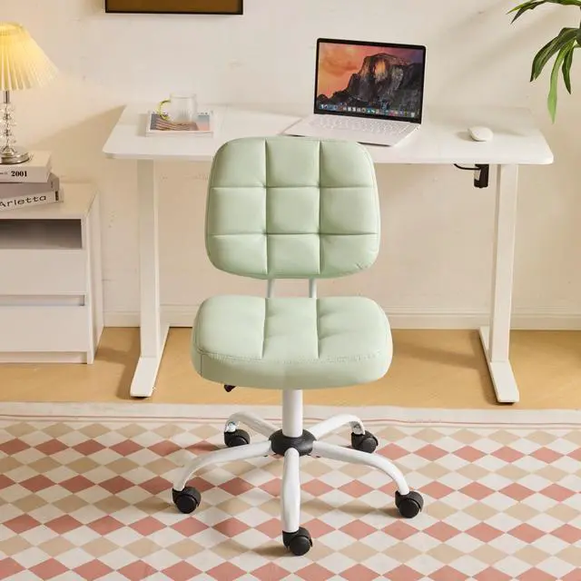 Main image of Compact Small Desk Chair, Cute Armless Chair with Wheels, Vanity Chair with Low Back, Height Adjustable Task Chair for Small Spaces, Office, Bedroom, Make Up Room, PU Leather, Mint Green