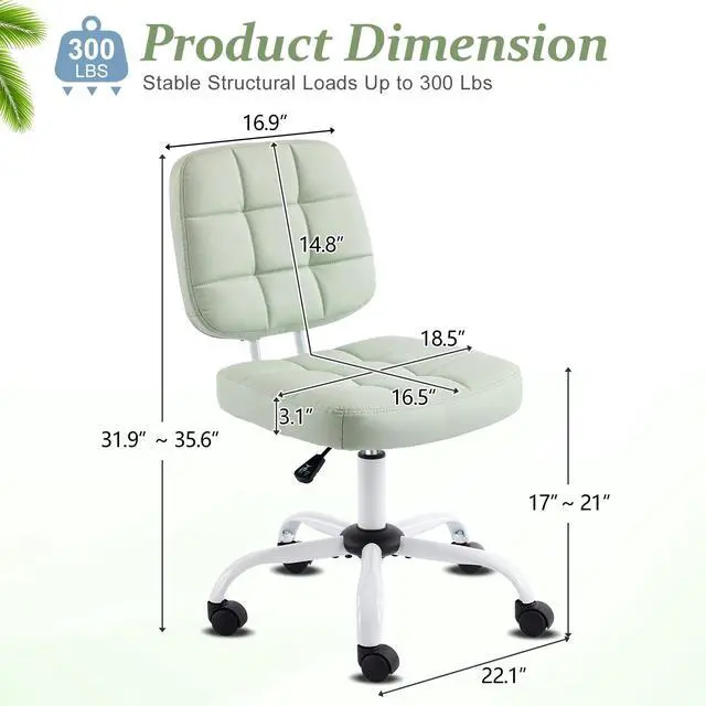Alt view image 2 of 6 - Compact Small Desk Chair, Cute Armless Chair with Wheels, Vanity Chair with Low Back, Height Adjustable Task Chair for Small Spaces, Office, Bedroom, Make Up Room, PU Leather, Mint Green