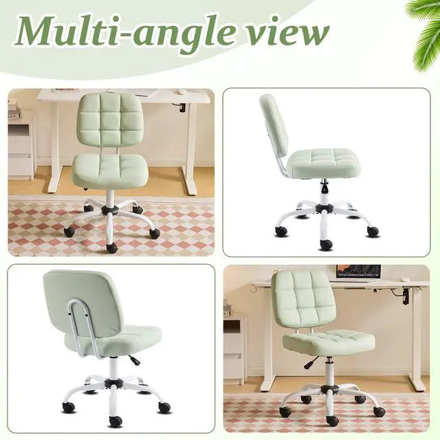 Alt view image 3 of 6 - Compact Small Desk Chair, Cute Armless Chair with Wheels, Vanity Chair with Low Back, Height Adjustable Task Chair for Small Spaces, Office, Bedroom, Make Up Room, PU Leather, Mint Green
