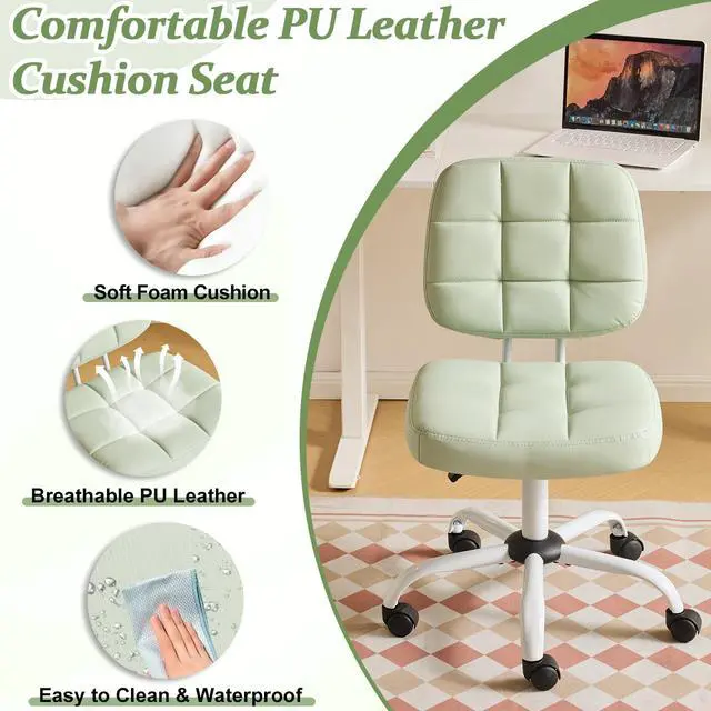 Alt view image 4 of 6 - Compact Small Desk Chair, Cute Armless Chair with Wheels, Vanity Chair with Low Back, Height Adjustable Task Chair for Small Spaces, Office, Bedroom, Make Up Room, PU Leather, Mint Green