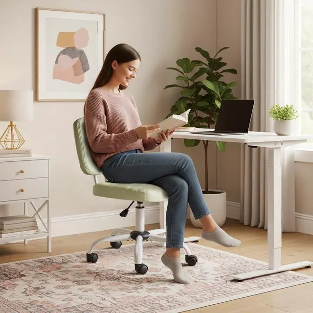 Alt view image 5 of 6 - Compact Small Desk Chair, Cute Armless Chair with Wheels, Vanity Chair with Low Back, Height Adjustable Task Chair for Small Spaces, Office, Bedroom, Make Up Room, PU Leather, Mint Green