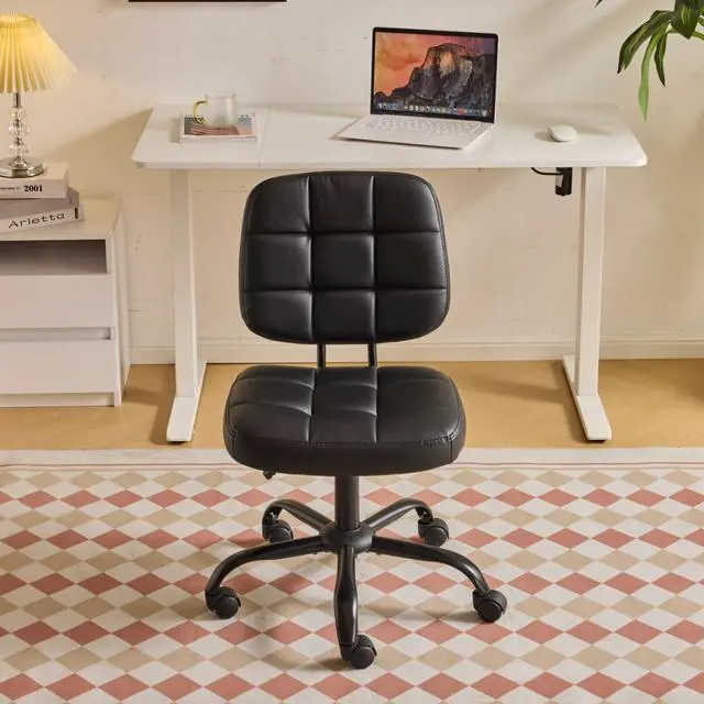 Main image of Compact Small Desk Chair, Cute Armless Chair with Wheels, Vanity Chair with Low Back, Height Adjustable Task Chair for Small Spaces, Office, Bedroom, Make Up Room, PU Leather, Black