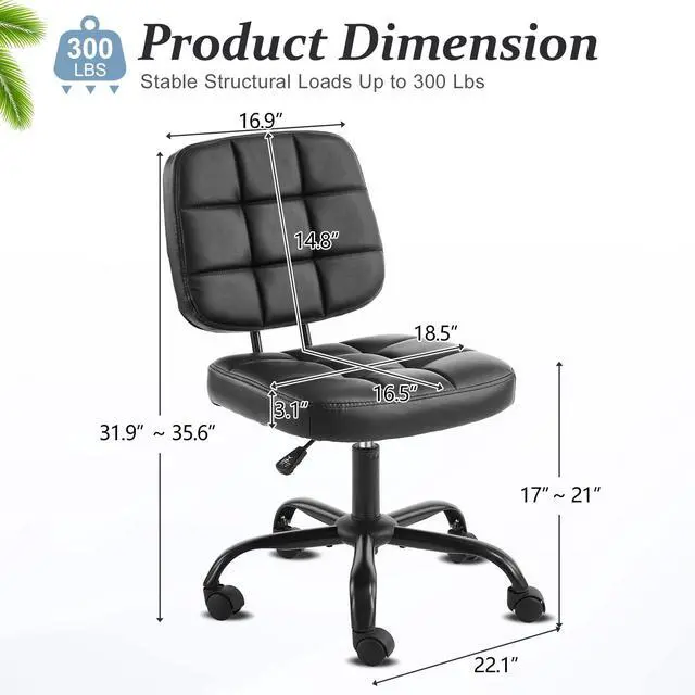 Alt view image 2 of 6 - Compact Small Desk Chair, Cute Armless Chair with Wheels, Vanity Chair with Low Back, Height Adjustable Task Chair for Small Spaces, Office, Bedroom, Make Up Room, PU Leather, Black