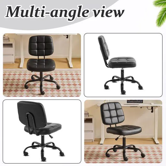 Alt view image 3 of 6 - Compact Small Desk Chair, Cute Armless Chair with Wheels, Vanity Chair with Low Back, Height Adjustable Task Chair for Small Spaces, Office, Bedroom, Make Up Room, PU Leather, Black