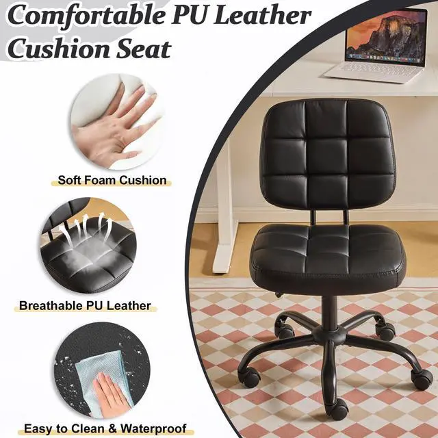Alt view image 4 of 6 - Compact Small Desk Chair, Cute Armless Chair with Wheels, Vanity Chair with Low Back, Height Adjustable Task Chair for Small Spaces, Office, Bedroom, Make Up Room, PU Leather, Black