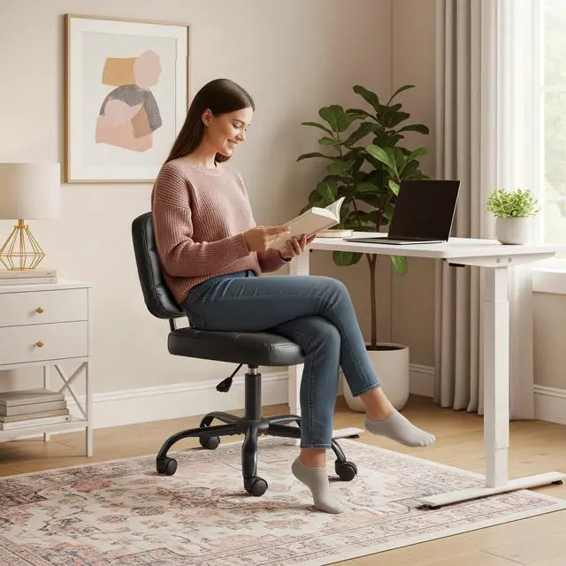 Alt view image 5 of 6 - Compact Small Desk Chair, Cute Armless Chair with Wheels, Vanity Chair with Low Back, Height Adjustable Task Chair for Small Spaces, Office, Bedroom, Make Up Room, PU Leather, Black