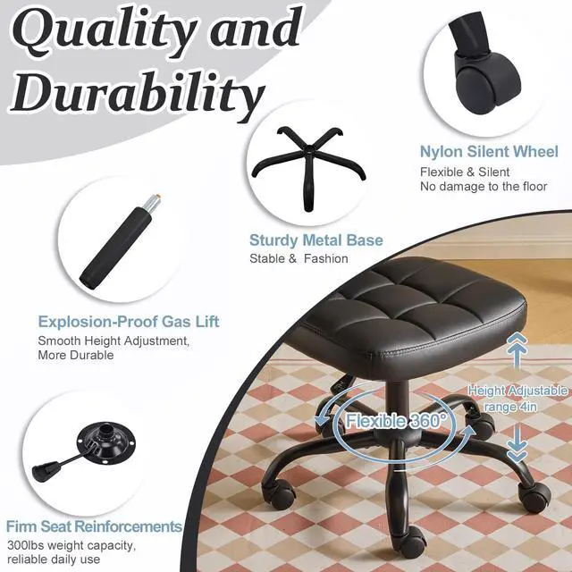 Alt view image 6 of 6 - Compact Small Desk Chair, Cute Armless Chair with Wheels, Vanity Chair with Low Back, Height Adjustable Task Chair for Small Spaces, Office, Bedroom, Make Up Room, PU Leather, Black