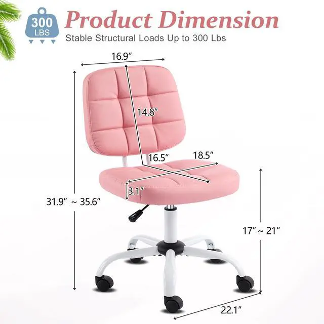 Alt view image 2 of 6 - Compact Small Desk Chair, Cute Armless Chair with Wheels, Vanity Chair with Low Back, Height Adjustable Task Chair for Small Spaces, Office, Bedroom, Make Up Room, PU Leather, Pink