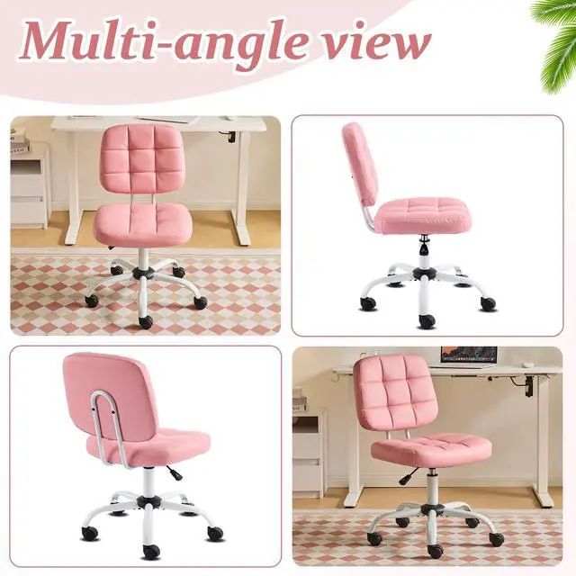 Alt view image 3 of 6 - Compact Small Desk Chair, Cute Armless Chair with Wheels, Vanity Chair with Low Back, Height Adjustable Task Chair for Small Spaces, Office, Bedroom, Make Up Room, PU Leather, Pink