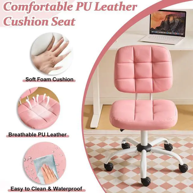 Alt view image 4 of 6 - Compact Small Desk Chair, Cute Armless Chair with Wheels, Vanity Chair with Low Back, Height Adjustable Task Chair for Small Spaces, Office, Bedroom, Make Up Room, PU Leather, Pink