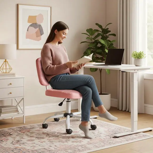 Alt view image 5 of 6 - Compact Small Desk Chair, Cute Armless Chair with Wheels, Vanity Chair with Low Back, Height Adjustable Task Chair for Small Spaces, Office, Bedroom, Make Up Room, PU Leather, Pink