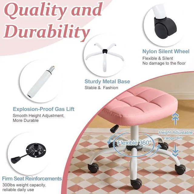 Alt view image 6 of 6 - Compact Small Desk Chair, Cute Armless Chair with Wheels, Vanity Chair with Low Back, Height Adjustable Task Chair for Small Spaces, Office, Bedroom, Make Up Room, PU Leather, Pink