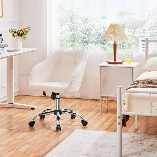 Alt view image 2 of 6 - Boucle Desk Vanity Chair with Back Comfy Fluffy Swivel Office Chair with Wheels Adjustable Height Tilt Angle for Bedroom Ivory