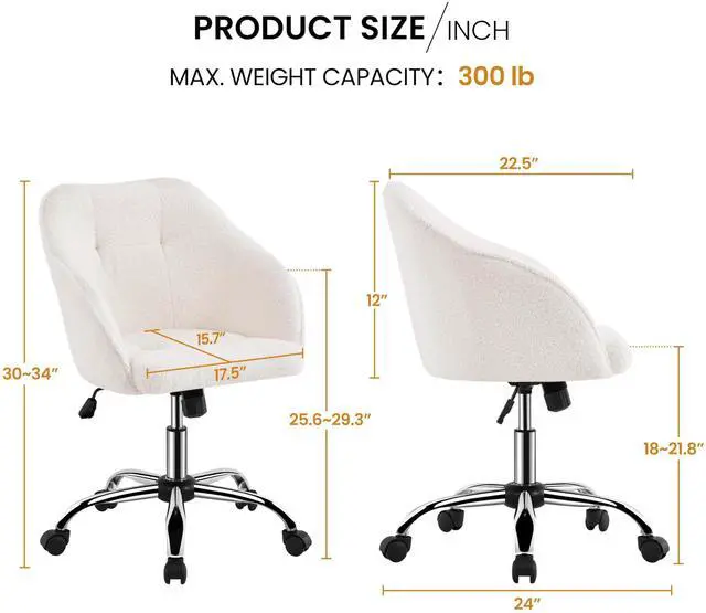 Alt view image 3 of 6 - Boucle Desk Vanity Chair with Back Comfy Fluffy Swivel Office Chair with Wheels Adjustable Height Tilt Angle for Bedroom Ivory