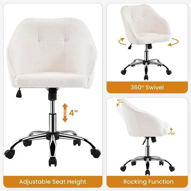 Alt view image 4 of 6 - Boucle Desk Vanity Chair with Back Comfy Fluffy Swivel Office Chair with Wheels Adjustable Height Tilt Angle for Bedroom Ivory