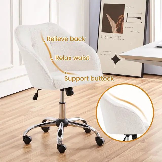 Alt view image 5 of 6 - Boucle Desk Vanity Chair with Back Comfy Fluffy Swivel Office Chair with Wheels Adjustable Height Tilt Angle for Bedroom Ivory