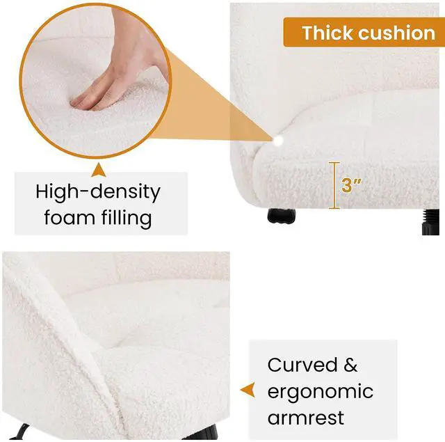 Alt view image 6 of 6 - Boucle Desk Vanity Chair with Back Comfy Fluffy Swivel Office Chair with Wheels Adjustable Height Tilt Angle for Bedroom Ivory