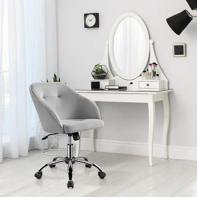 Alt view image 2 of 6 - Velvet Desk Vanity Chair with Wheels Back Cute Small Swivel Comfy Computer Chair with Adjustable Height Tilt Angle Upholstered Accent Armchair for Bedroom Light Gray