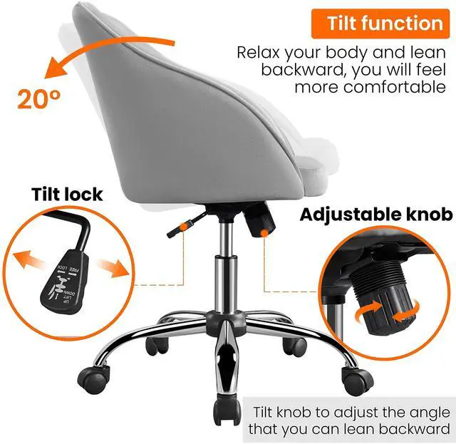 Alt view image 4 of 6 - Velvet Desk Vanity Chair with Wheels Back Cute Small Swivel Comfy Computer Chair with Adjustable Height Tilt Angle Upholstered Accent Armchair for Bedroom Light Gray