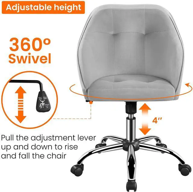 Alt view image 6 of 6 - Velvet Desk Vanity Chair with Wheels Back Cute Small Swivel Comfy Computer Chair with Adjustable Height Tilt Angle Upholstered Accent Armchair for Bedroom Light Gray