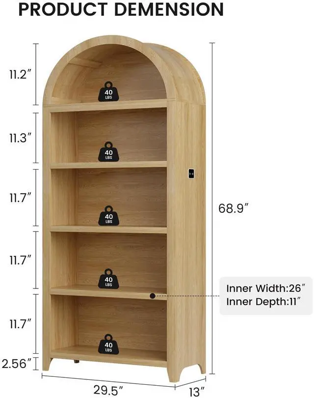 Alt view image 2 of 6 - Arch Bookcase - 5 Tiers Bookshelf with 3 Colors LED Sensor Lights and Thickened Wooden Design Display Shelf for Lego Books Bathroom Living Room - Ideal Gift (Wood)