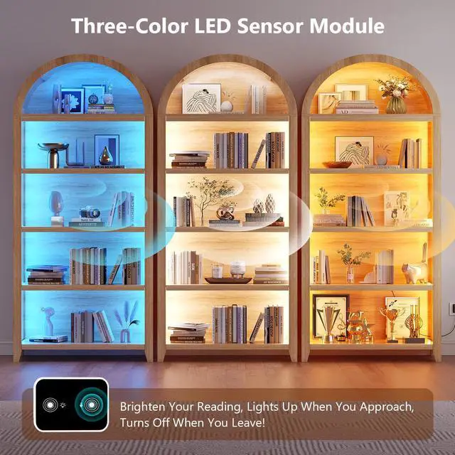 Alt view image 3 of 6 - Arch Bookcase - 5 Tiers Bookshelf with 3 Colors LED Sensor Lights and Thickened Wooden Design Display Shelf for Lego Books Bathroom Living Room - Ideal Gift (Wood)