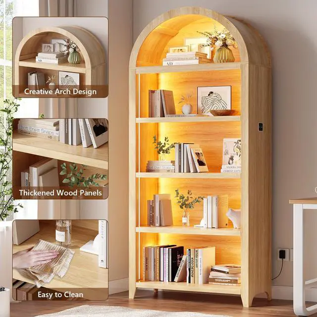 Alt view image 4 of 6 - Arch Bookcase - 5 Tiers Bookshelf with 3 Colors LED Sensor Lights and Thickened Wooden Design Display Shelf for Lego Books Bathroom Living Room - Ideal Gift (Wood)