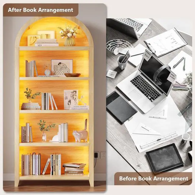 Alt view image 5 of 6 - Arch Bookcase - 5 Tiers Bookshelf with 3 Colors LED Sensor Lights and Thickened Wooden Design Display Shelf for Lego Books Bathroom Living Room - Ideal Gift (Wood)