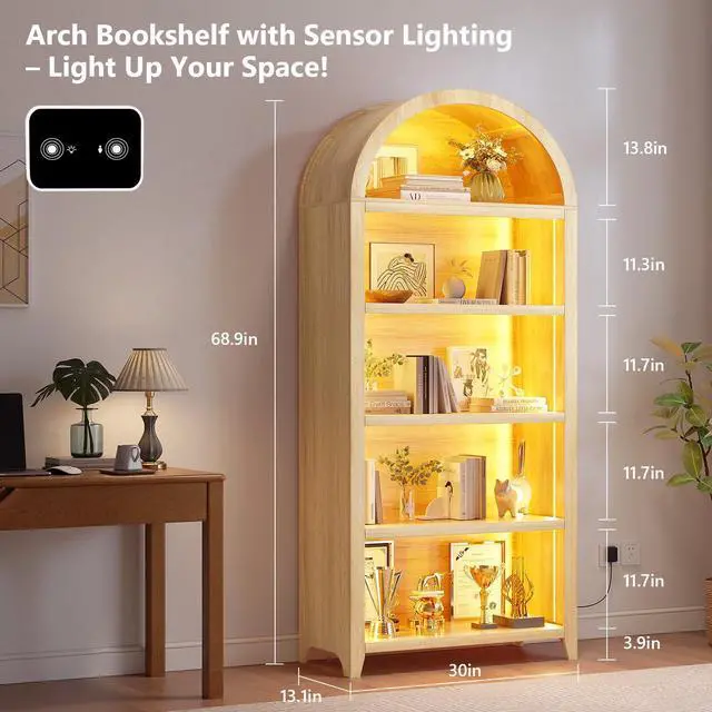 Alt view image 2 of 6 - Arched Bookcase 5 Tier - Bookshelf with LED Sensor Lights Light Wood | 3 Color LED Sensor Lights, Thickened Wooden Design, Display Shelf, For Living Room Bathroom, Bookshelf Storage Organizer