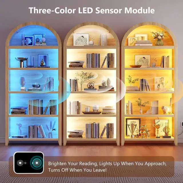 Alt view image 3 of 6 - Arched Bookcase 5 Tier - Bookshelf with LED Sensor Lights Light Wood | 3 Color LED Sensor Lights, Thickened Wooden Design, Display Shelf, For Living Room Bathroom, Bookshelf Storage Organizer