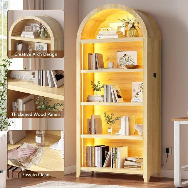 Alt view image 4 of 6 - Arched Bookcase 5 Tier - Bookshelf with LED Sensor Lights Light Wood | 3 Color LED Sensor Lights, Thickened Wooden Design, Display Shelf, For Living Room Bathroom, Bookshelf Storage Organizer