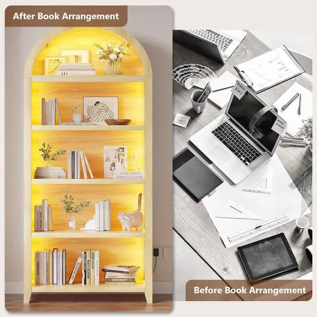 Alt view image 5 of 6 - Arched Bookcase 5 Tier - Bookshelf with LED Sensor Lights Light Wood | 3 Color LED Sensor Lights, Thickened Wooden Design, Display Shelf, For Living Room Bathroom, Bookshelf Storage Organizer