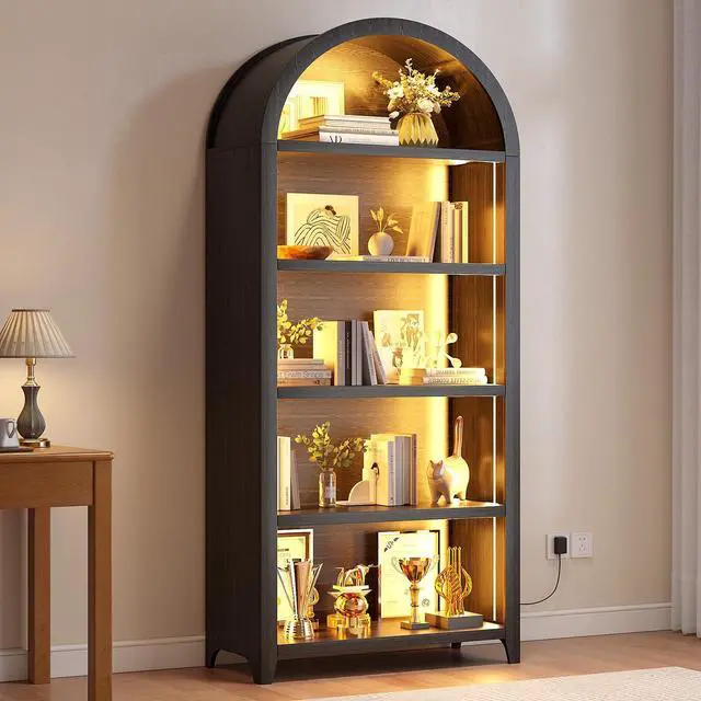 Main image of Arch Bookcase - 5 Tiers Bookshelf with 3 Colors LED Sensor Lights and Thickened Wooden Design Display Shelf for Lego Books Bathroom Living Room - Ideal Gift (Black)