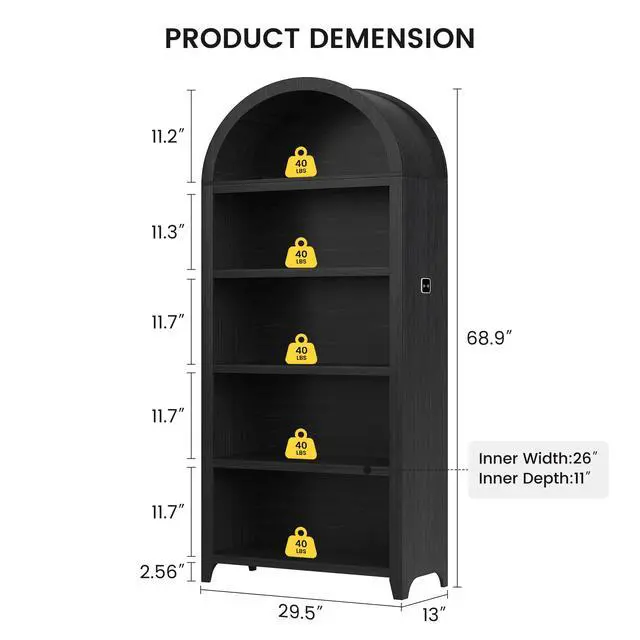 Alt view image 2 of 6 - Arch Bookcase - 5 Tiers Bookshelf with 3 Colors LED Sensor Lights and Thickened Wooden Design Display Shelf for Lego Books Bathroom Living Room - Ideal Gift (Black)